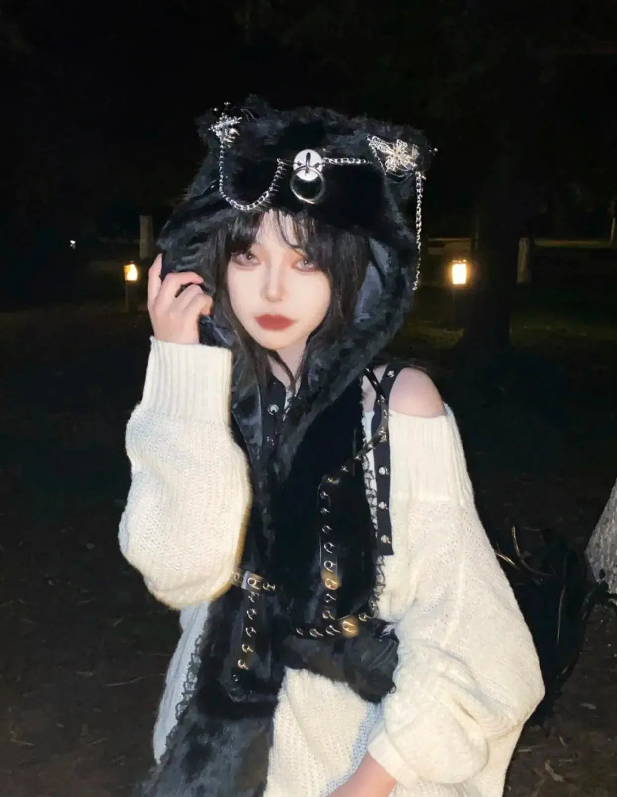 Karrram Harajuku Punk Knitwear Women Off Shoulder Belted Thin Sweater Cross Fur Patch 2022 Autumn Loose Gothic Y2k Pullover - Tophatter Daily Deals