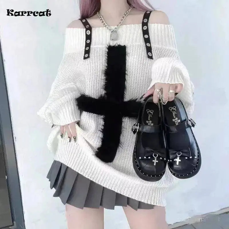 Karrram Harajuku Punk Knitwear Women Off Shoulder Belted Thin Sweater Cross Fur Patch 2022 Autumn Loose Gothic Y2k Pullover - Tophatter Daily Deals