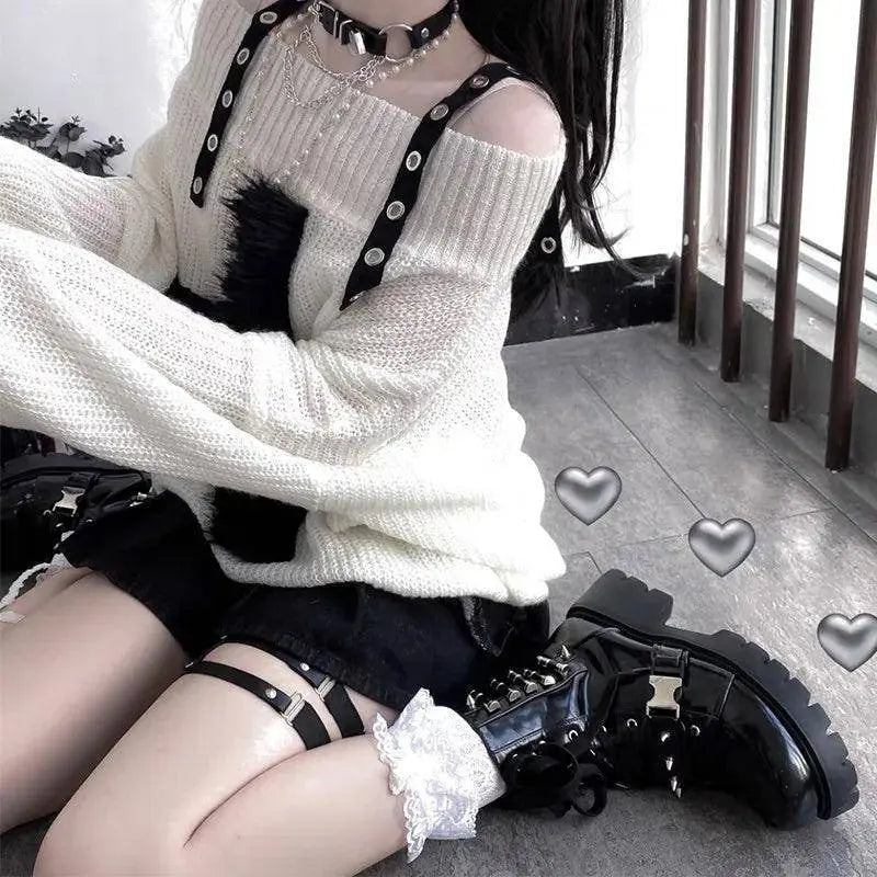 Karrram Harajuku Punk Knitwear Women Off Shoulder Belted Thin Sweater Cross Fur Patch 2022 Autumn Loose Gothic Y2k Pullover - Tophatter Daily Deals