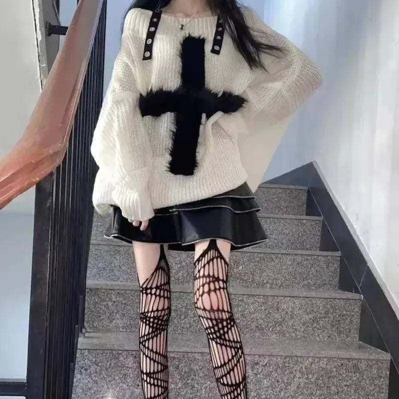 Karrram Harajuku Punk Knitwear Women Off Shoulder Belted Thin Sweater Cross Fur Patch 2022 Autumn Loose Gothic Y2k Pullover - Tophatter Daily Deals