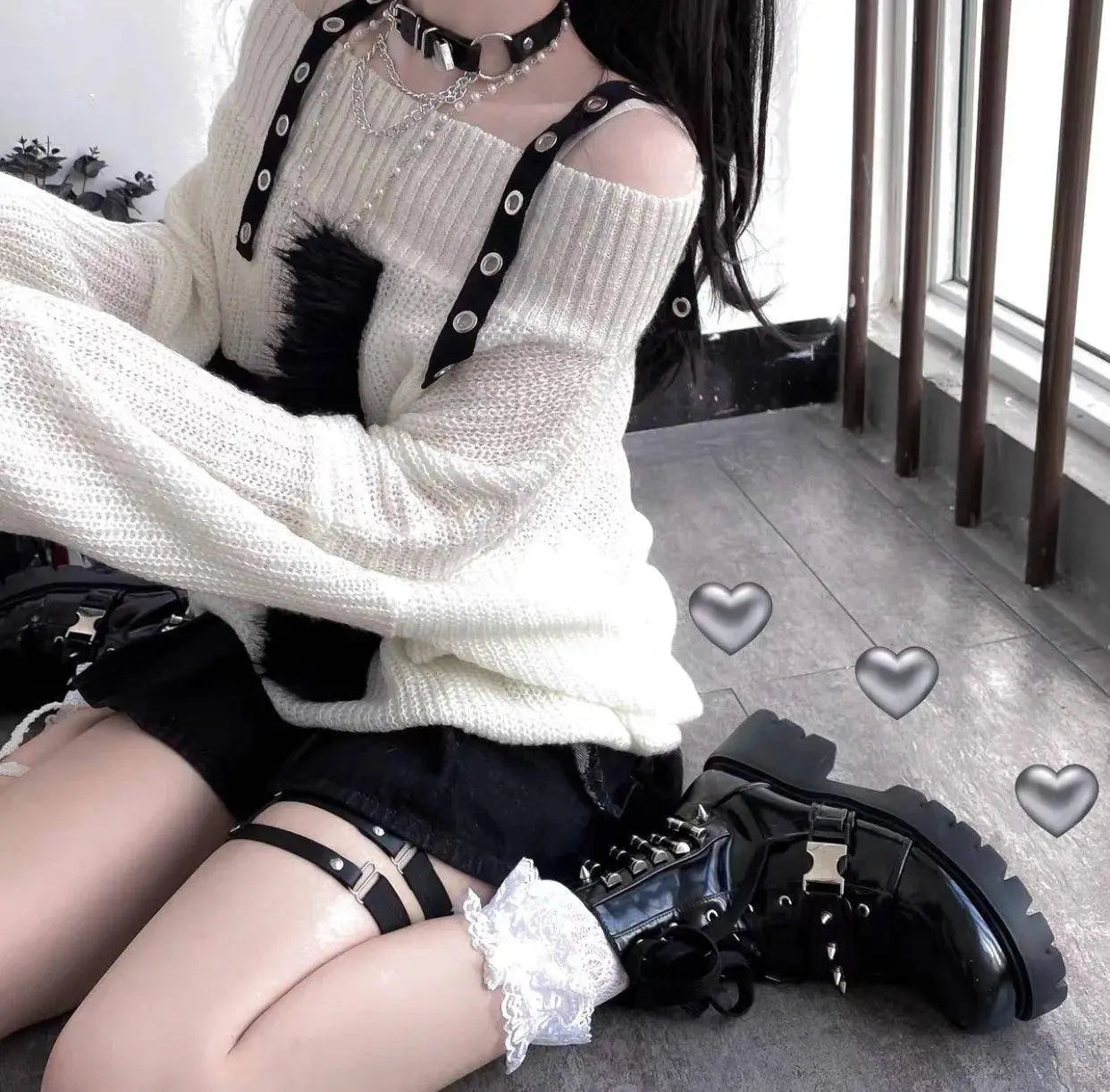 Karrram Harajuku Punk Knitwear Women Off Shoulder Belted Thin Sweater Cross Fur Patch 2022 Autumn Loose Gothic Y2k Pullover - Tophatter Daily Deals