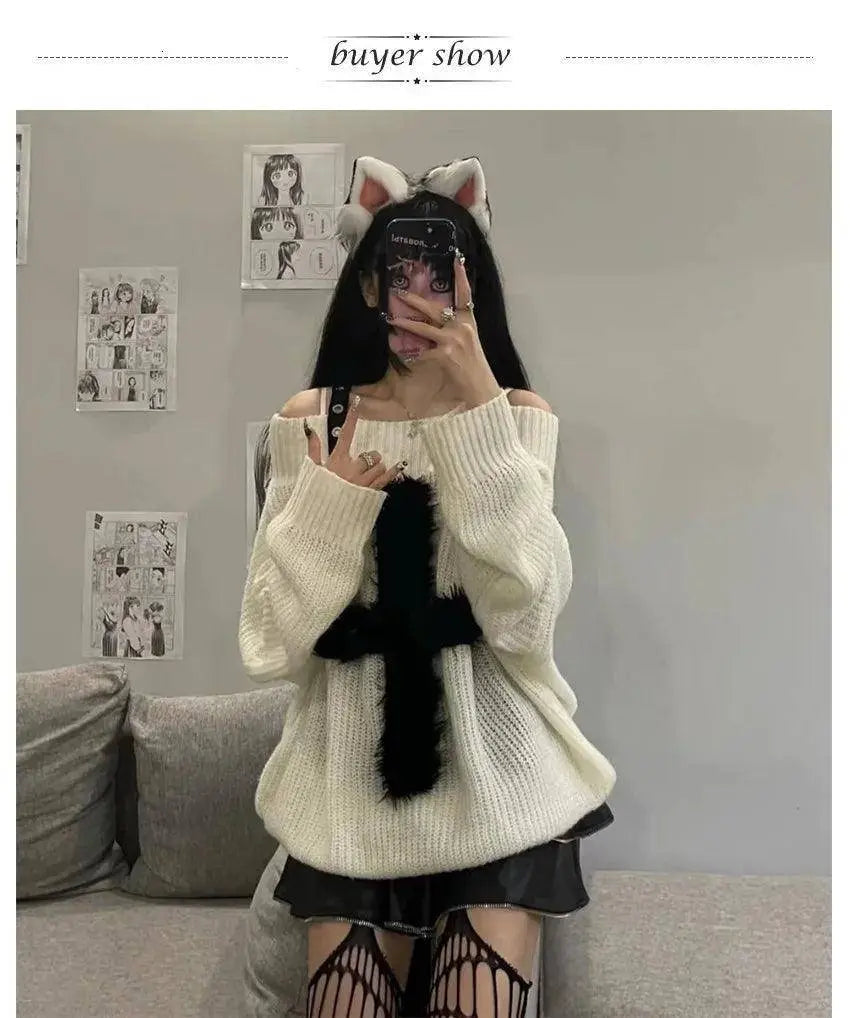 Karrram Harajuku Punk Knitwear Women Off Shoulder Belted Thin Sweater Cross Fur Patch 2022 Autumn Loose Gothic Y2k Pullover - Tophatter Daily Deals