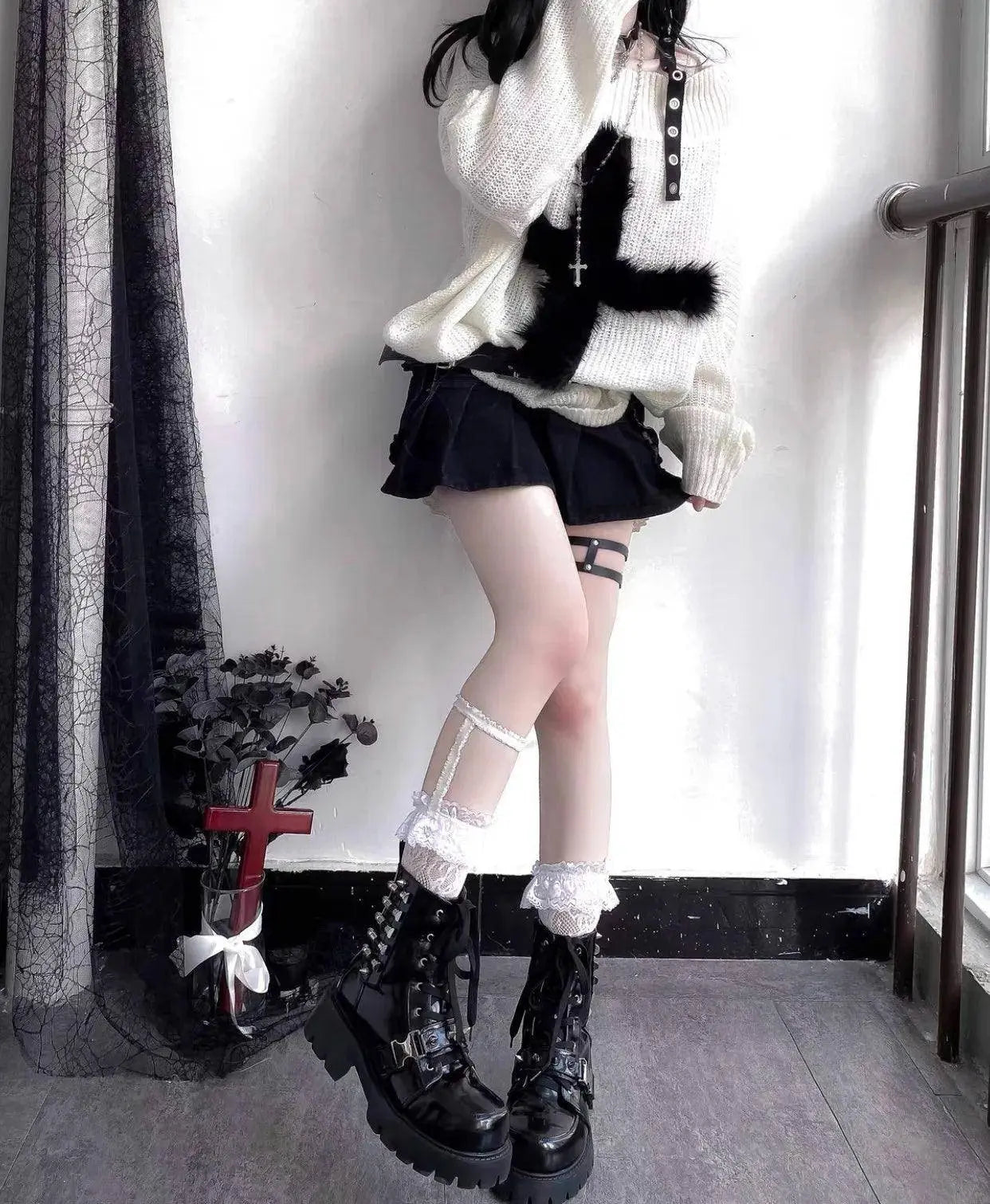 Karrram Harajuku Punk Knitwear Women Off Shoulder Belted Thin Sweater Cross Fur Patch 2022 Autumn Loose Gothic Y2k Pullover - Tophatter Daily Deals