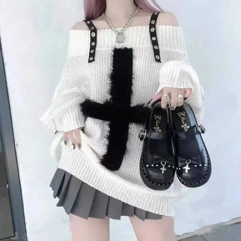 Karrram Harajuku Punk Knitwear Women Off Shoulder Belted Thin Sweater Cross Fur Patch 2022 Autumn Loose Gothic Y2k Pullover - Tophatter Daily Deals