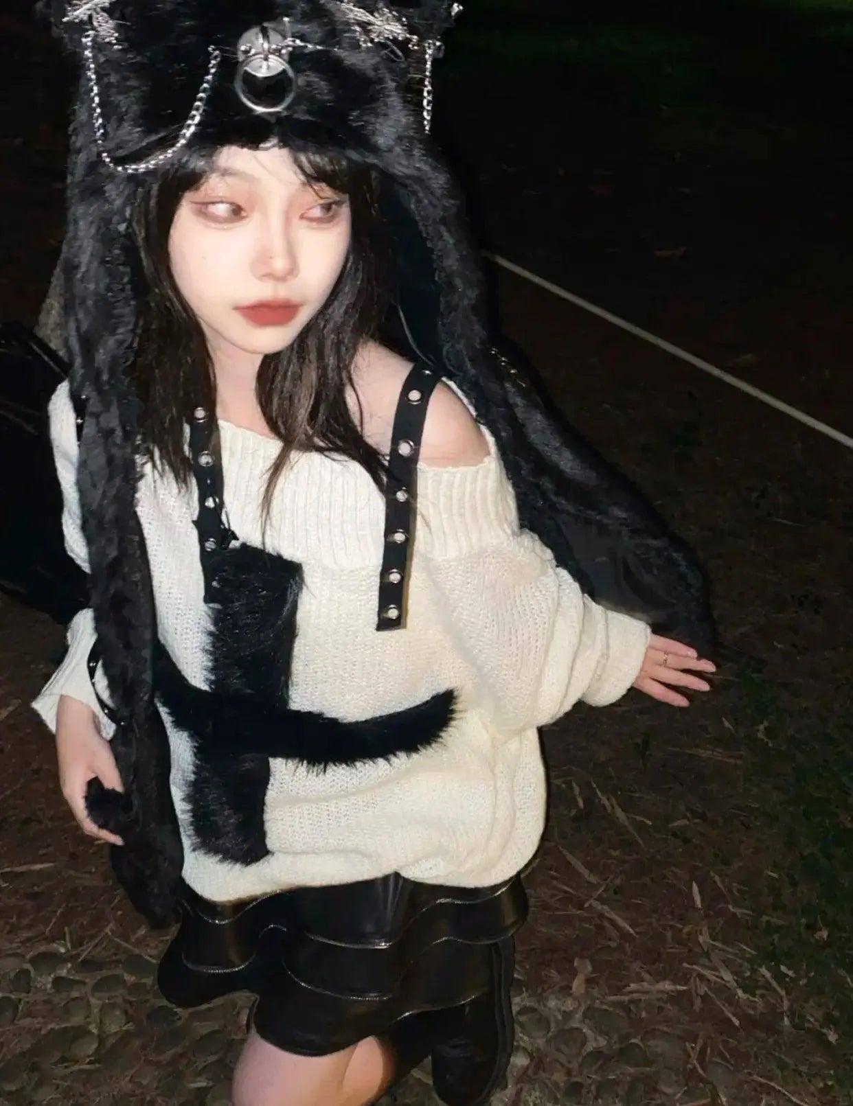 Karrram Harajuku Punk Knitwear Women Off Shoulder Belted Thin Sweater Cross Fur Patch 2022 Autumn Loose Gothic Y2k Pullover - Tophatter Daily Deals