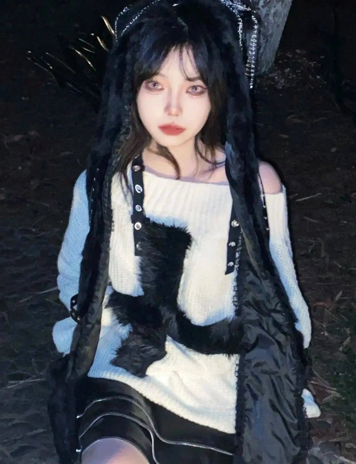 Karrram Harajuku Punk Knitwear Women Off Shoulder Belted Thin Sweater Cross Fur Patch 2022 Autumn Loose Gothic Y2k Pullover - Tophatter Daily Deals