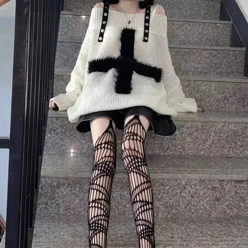 Karrram Harajuku Punk Knitwear Women Off Shoulder Belted Thin Sweater Cross Fur Patch 2022 Autumn Loose Gothic Y2k Pullover - Tophatter Daily Deals