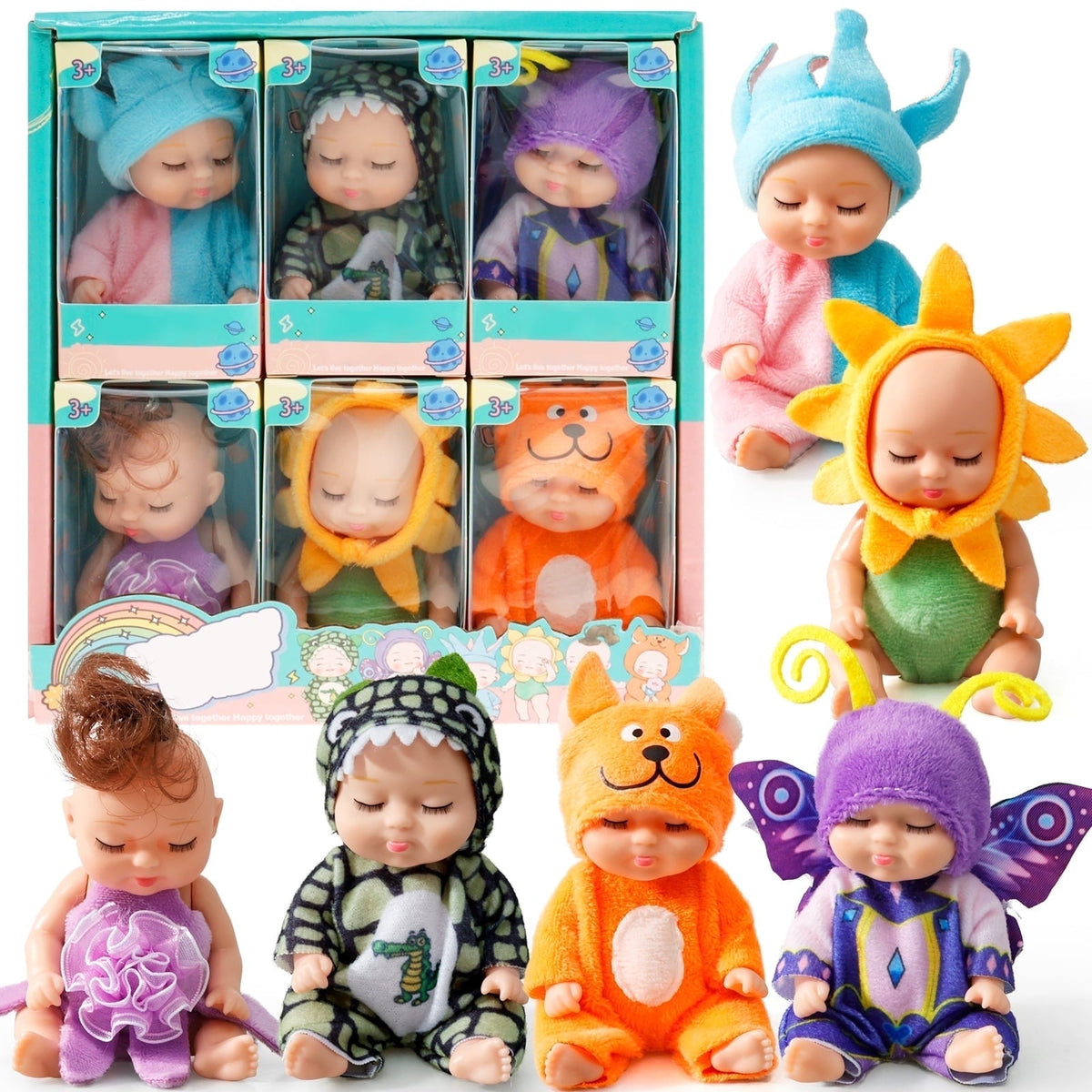 6-Piece Mini Baby Doll Set with Butterfly and Flower Outfits, 4 Inch Doll - Tophatter Daily Deals