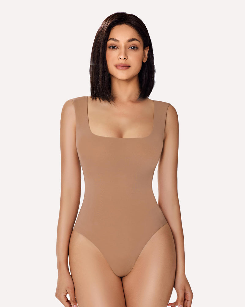 Square Neck Double Lined Bodysuit (DE Only) Khaki Lingeries-Bodysuits - Tophatter Daily Deals