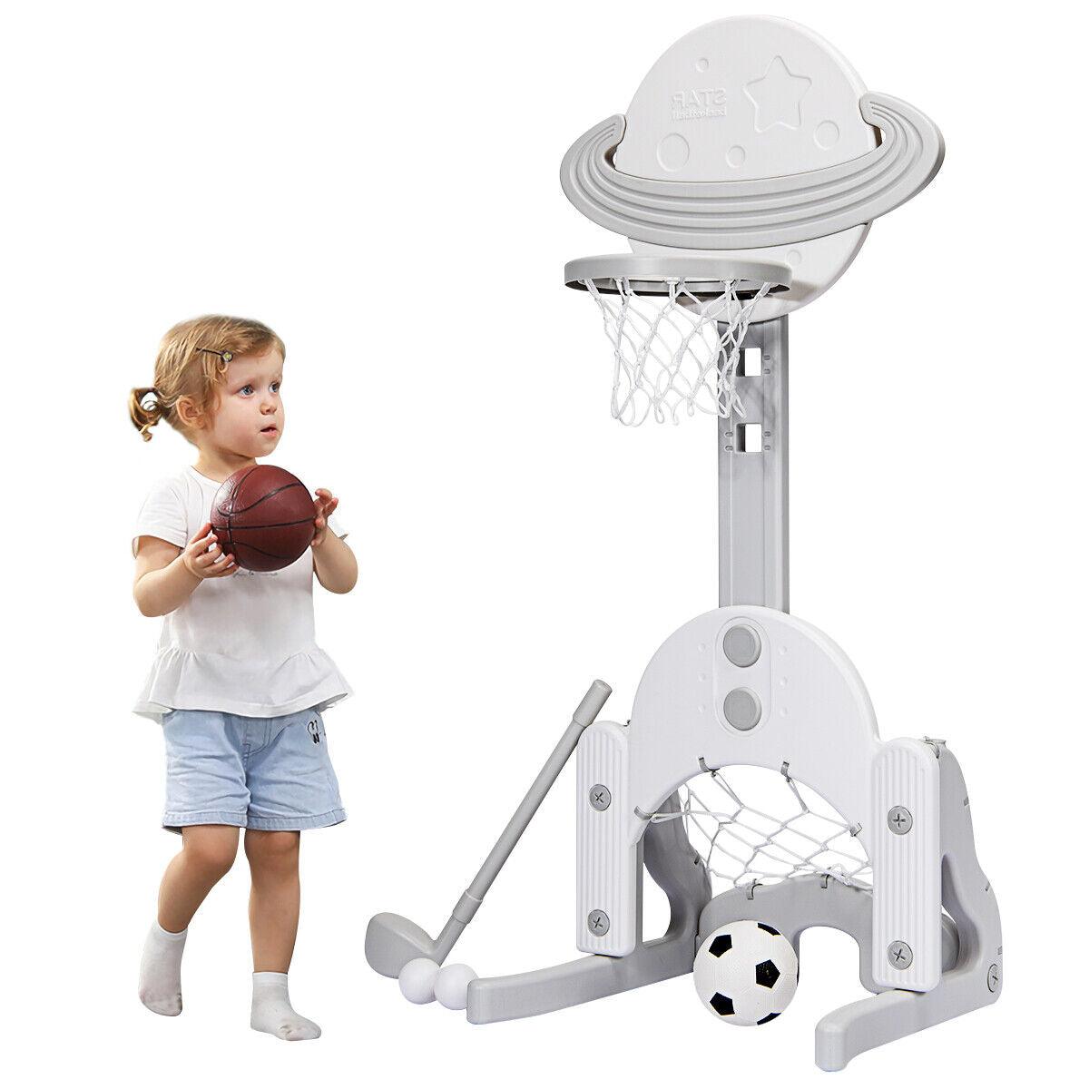 Adjustable Basketball Hoop - Kids Basketball Stand 3 in 1 Basketball Hoop Soccer Golf Kit Adjustable Toy Set Sports & Outdoor - Tophatter Daily Deals