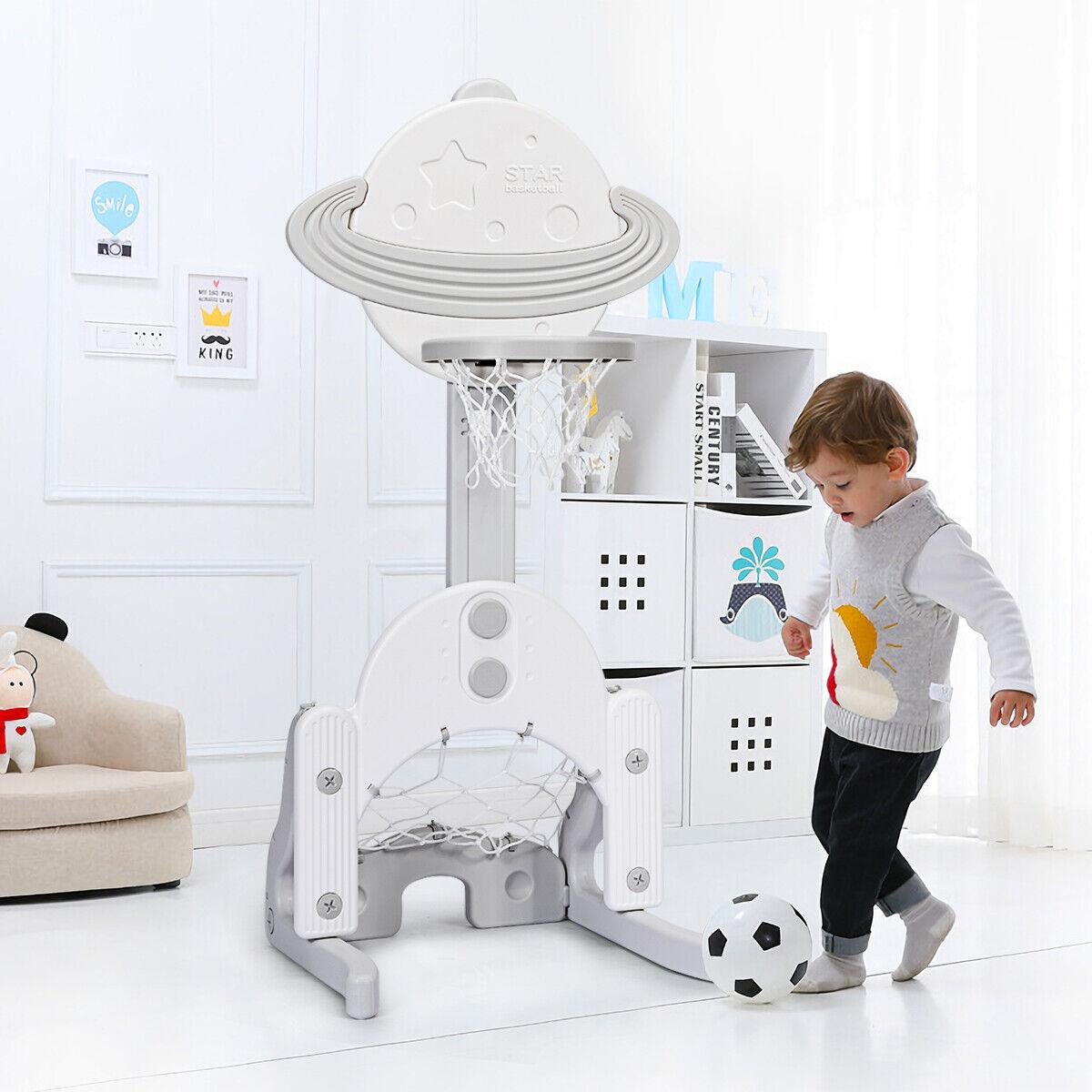 Adjustable Basketball Hoop - Kids Basketball Stand 3 in 1 Basketball Hoop Soccer Golf Kit Adjustable Toy Set Sports & Outdoor - Tophatter Daily Deals