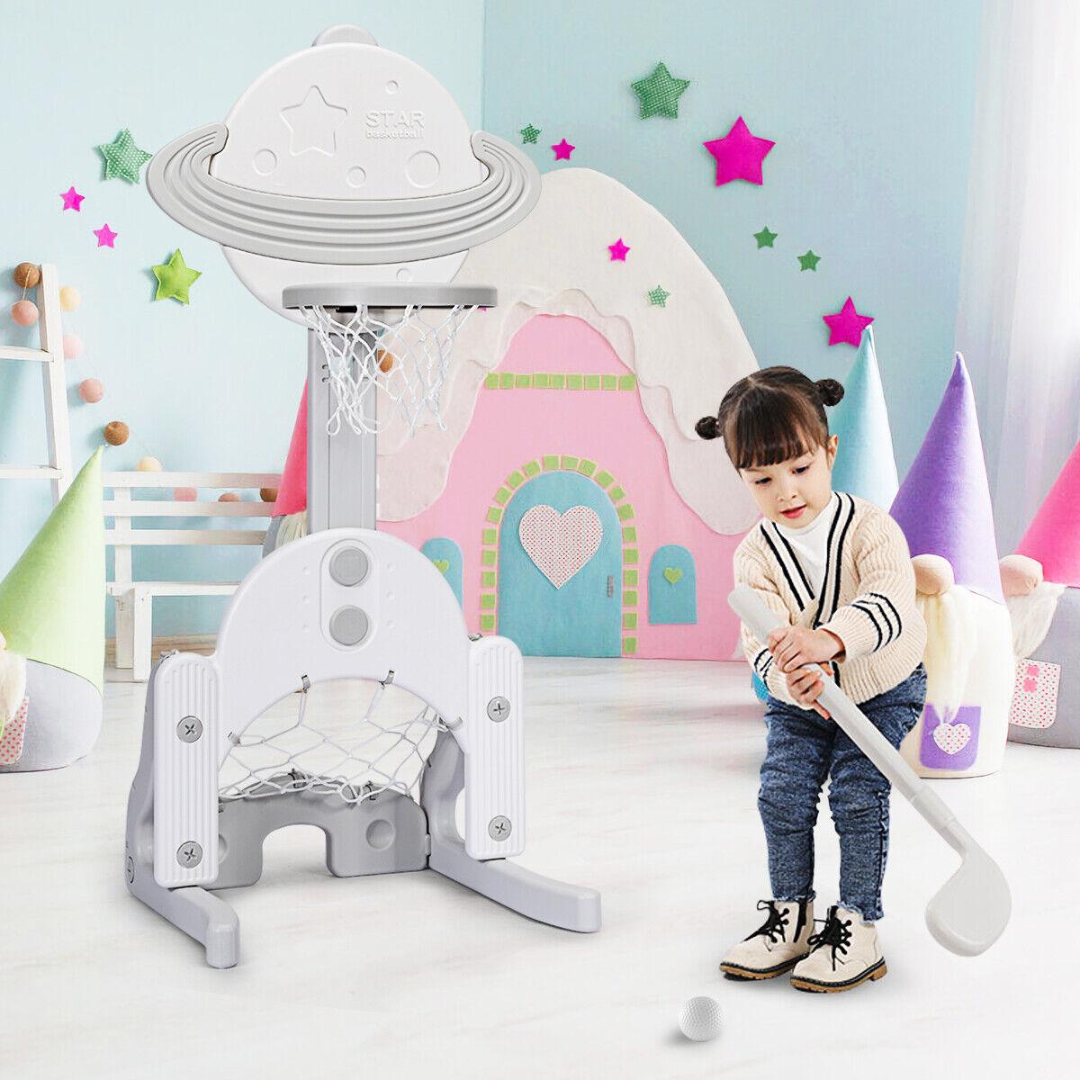 Adjustable Basketball Hoop - Kids Basketball Stand 3 in 1 Basketball Hoop Soccer Golf Kit Adjustable Toy Set Sports & Outdoor - Tophatter Daily Deals