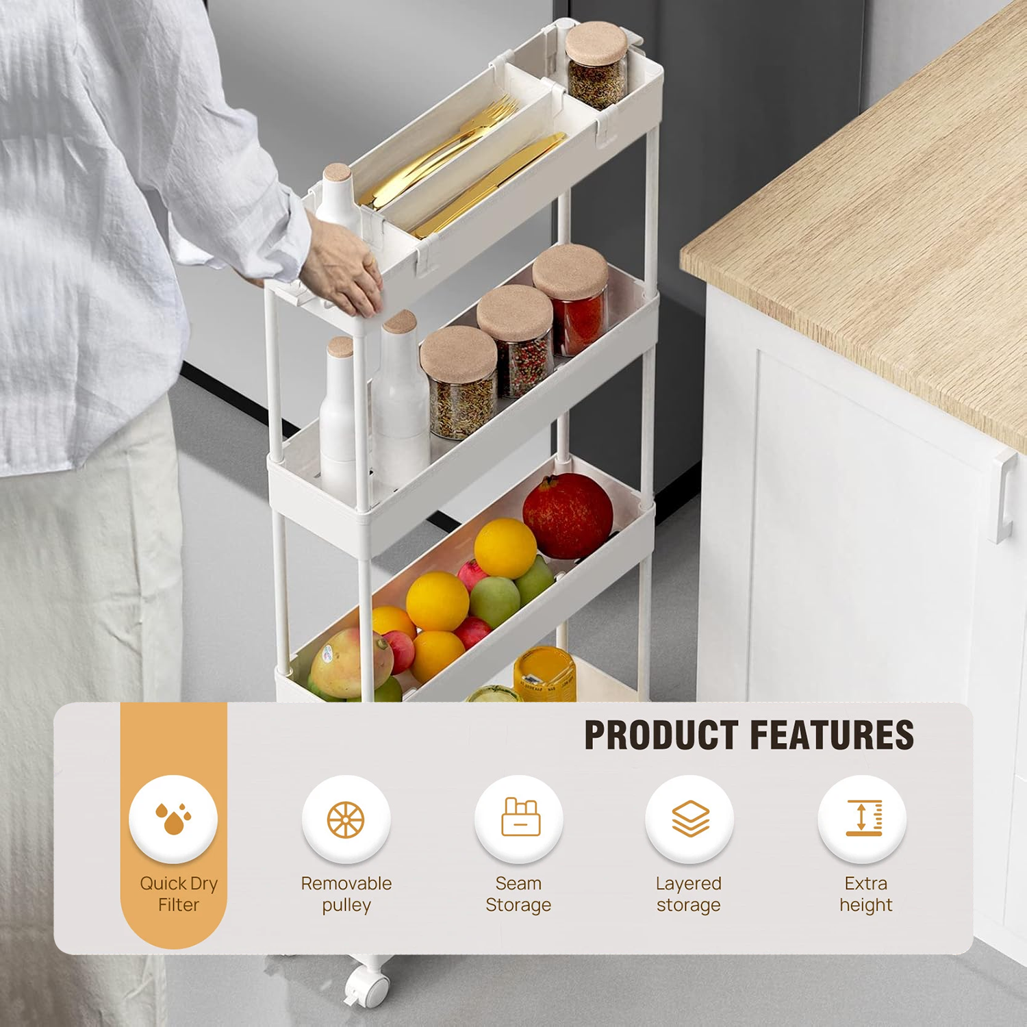 Kitchen Storage Trolley – Adjustable 4 Tier Cart with Baskets Utility Vegetable Mobile Rack Kitchen - Tophatter Daily Deals