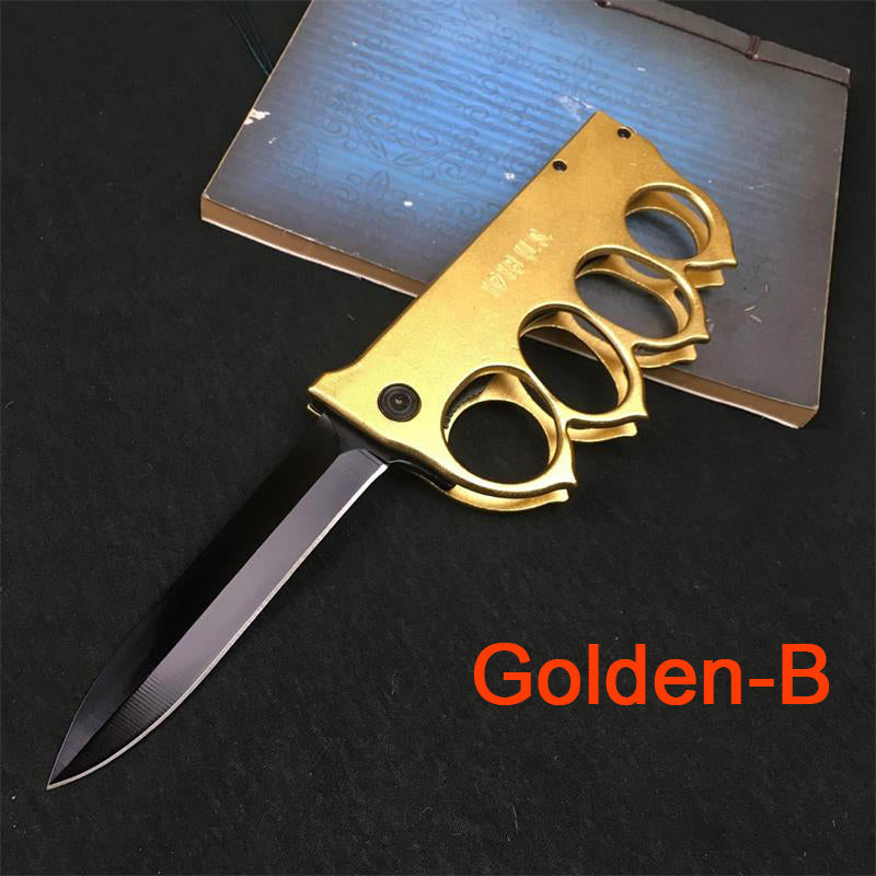 Knuckle Duster Folding Knife Outdoor Self-defense Pocket Knives Window Breaking Tool Golden-B - Tophatter Daily Deals
