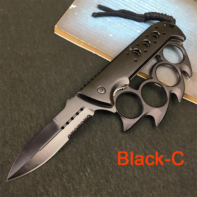 Knuckle Duster Folding Knife Outdoor Self-defense Pocket Knives Window Breaking Tool Black-C - Tophatter Daily Deals