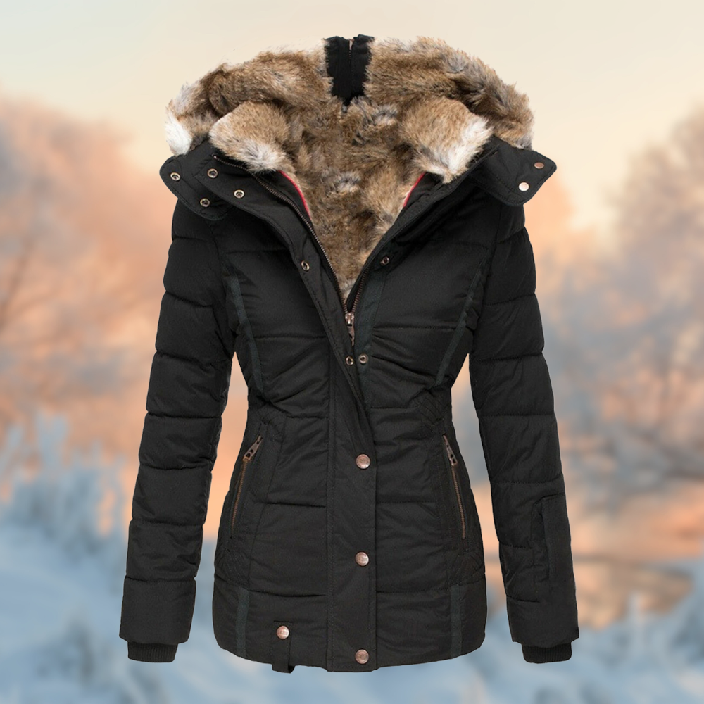 Warm Women's Puffer Jacket - Tailored Hip-Length, Faux Fur Black - Tophatter Daily Deals