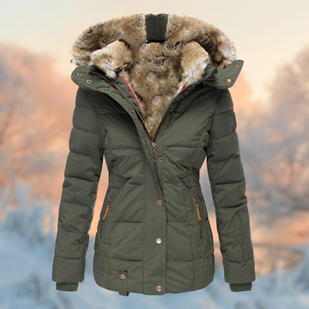 Warm Women's Puffer Jacket - Tailored Hip-Length, Faux Fur Green - Tophatter Daily Deals