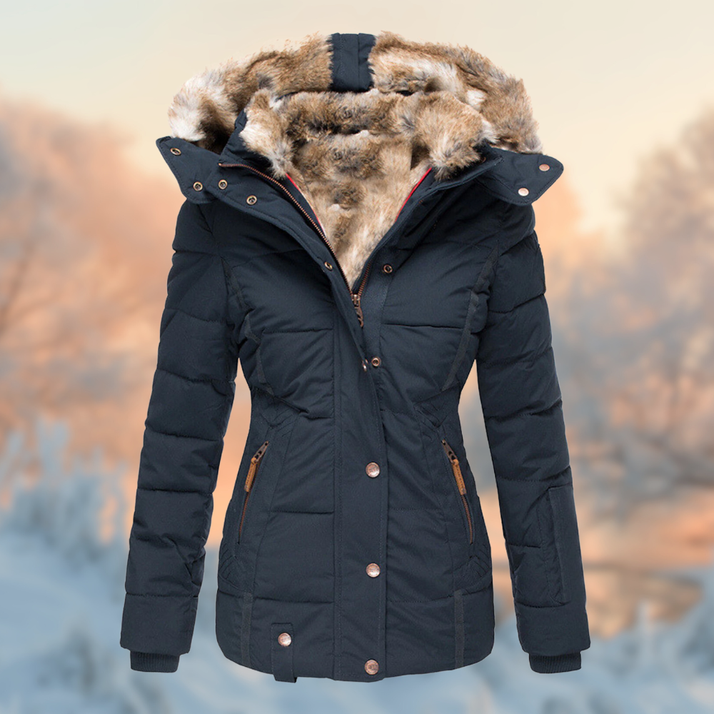 Warm Women's Puffer Jacket - Tailored Hip-Length, Faux Fur dark blue - Tophatter Daily Deals