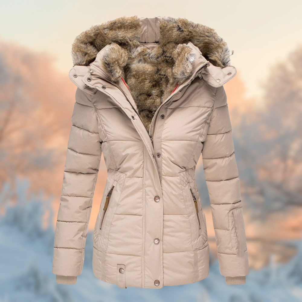 Warm Women's Puffer Jacket - Tailored Hip-Length, Faux Fur Beige - Tophatter Daily Deals