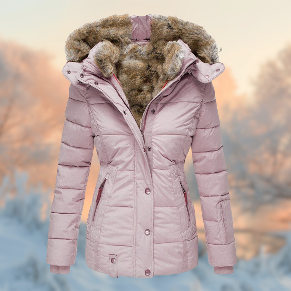 Warm Women's Puffer Jacket - Tailored Hip-Length, Faux Fur Pink - Tophatter Daily Deals