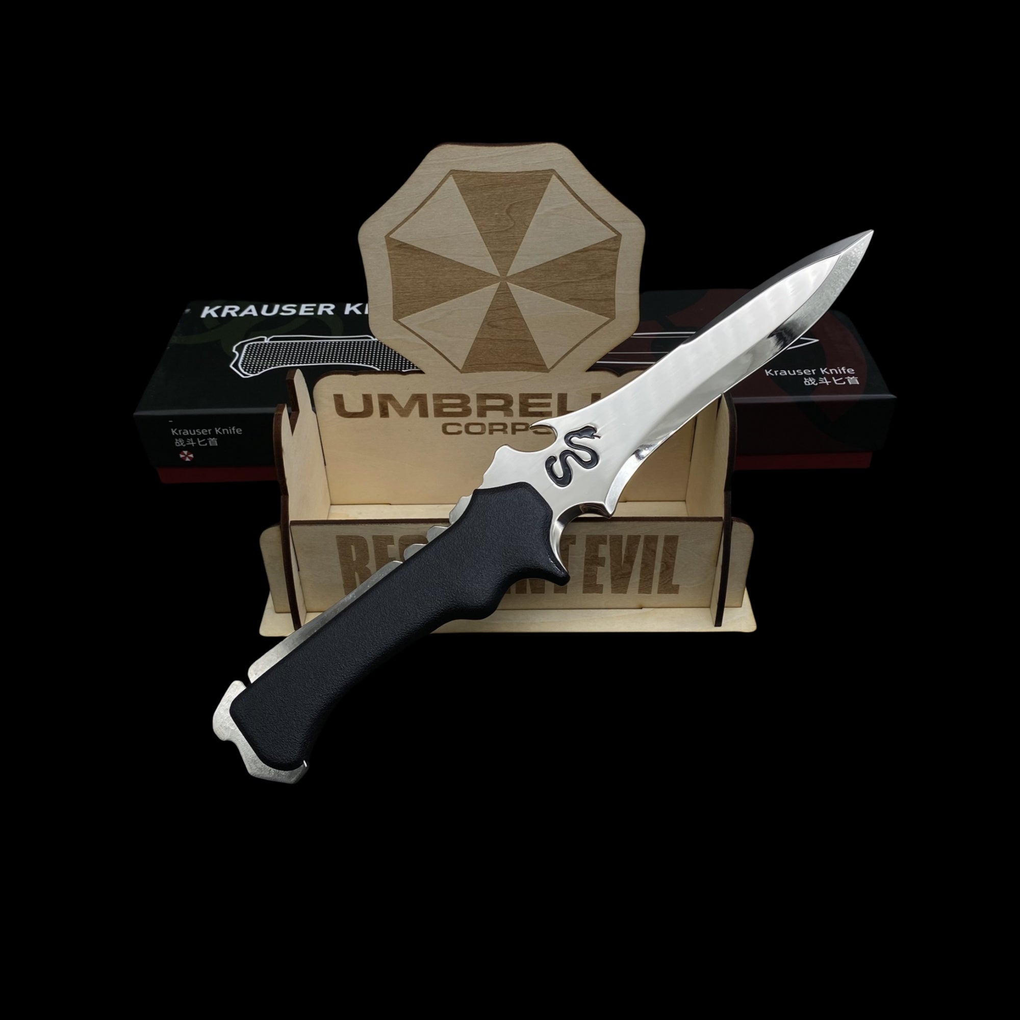 Re4 Krauser Knife Blunt Blade Metal Replica With Wooden Stand B - Tophatter Daily Deals