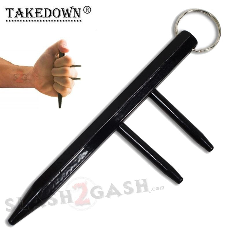 Steel Kubotan Self Defense Keychain with Prongs/Spikes - Black Steel - Medium SD-KeyChain - Tophatter Daily Deals