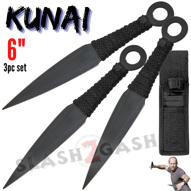 Naruto Kunai Throwing Knives 3 Pc Set w/ Ring Anime - 6" Black 6" Black - Tiger USA Knife-Thrower - Tophatter Daily Deals