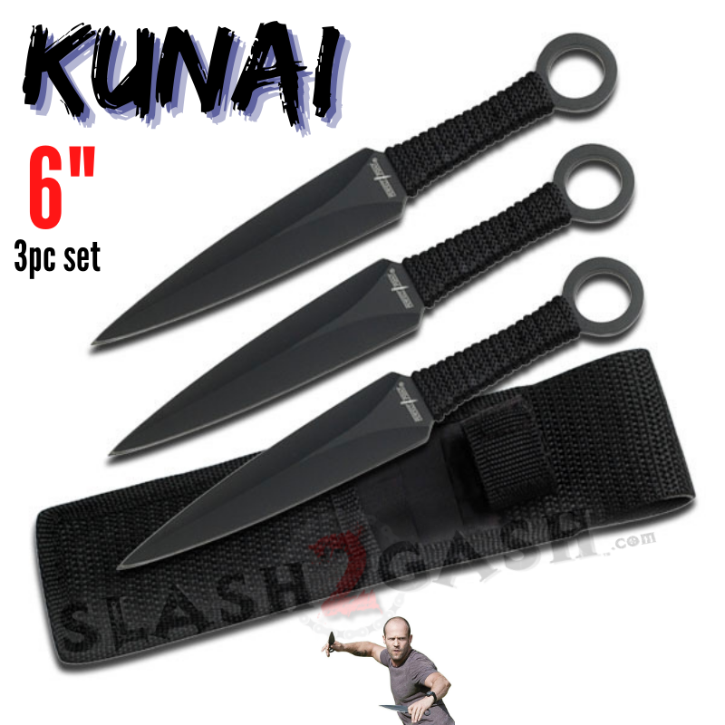 Naruto Kunai Throwing Knives 3 Pc Set w/ Ring Anime - 6" Black 6" Black - Perfect Point Knife-Thrower - Tophatter Daily Deals
