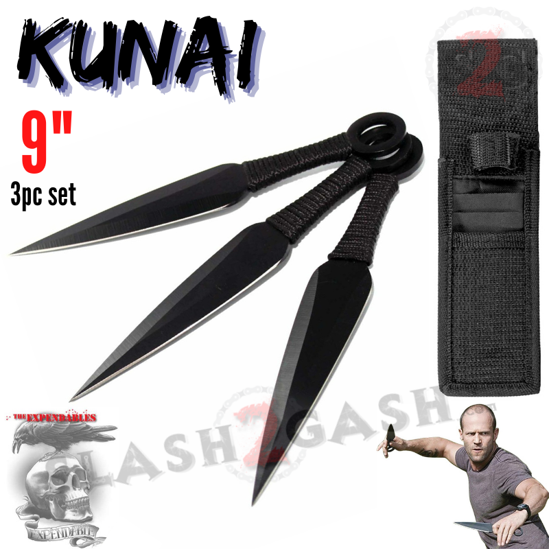 Naruto Kunai Throwing Knives 3 Pc Set w/ Ring Anime - 9" Black Knife-Thrower - Tophatter Daily Deals