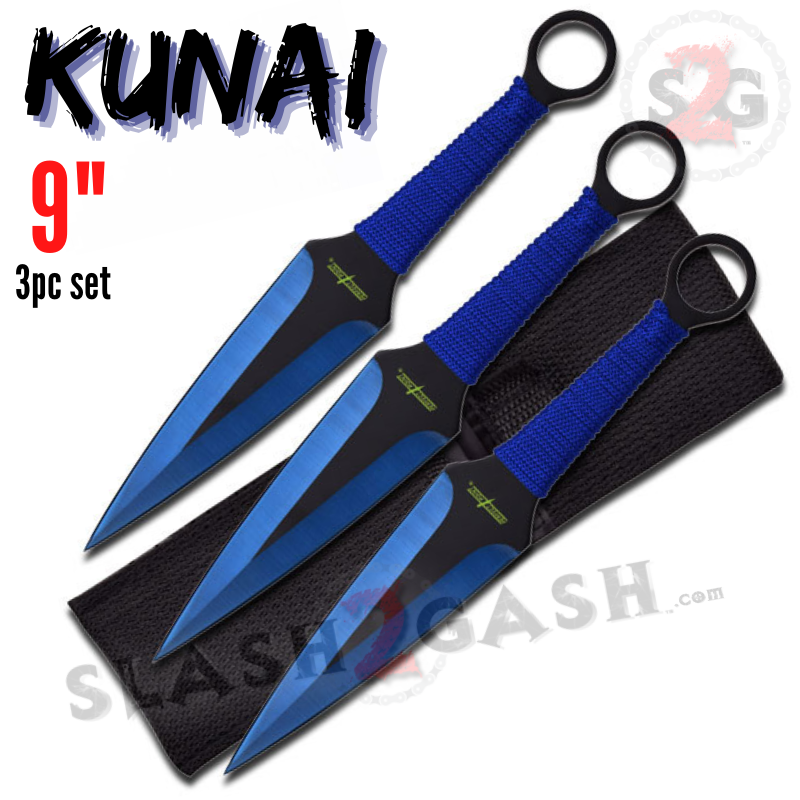 Kunai Throwing Knives w/ Ring and Sheath - Assorted Sizes/Colors 9" Blue - 3 PC Set Knife-Thrower - Tophatter Daily Deals