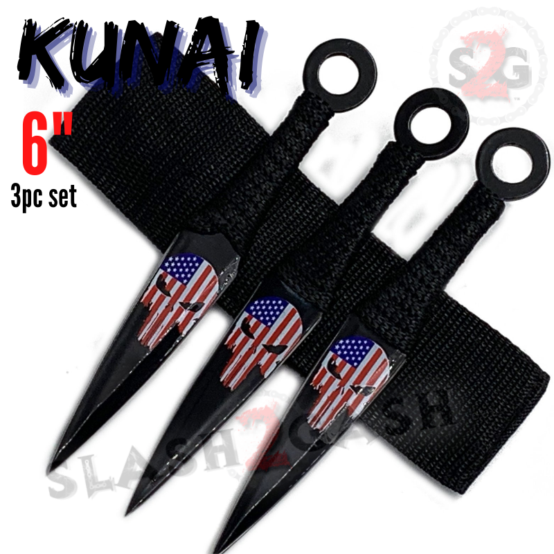 6" Punisher Skull Black Kunai Throwing Knives American Flag - 3 Pc Set Knife-Thrower - Tophatter Daily Deals