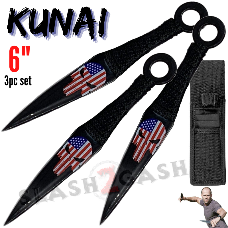 6" Punisher Skull Black Kunai Throwing Knives American Flag - 3 Pc Set 6" American Punisher Knife-Thrower - Tophatter Daily Deals