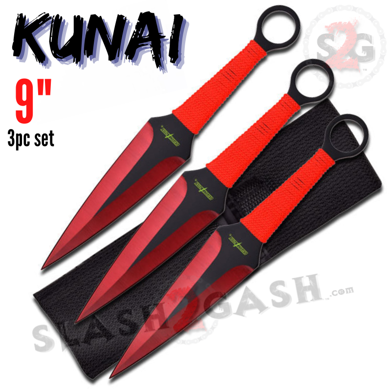 Kunai Throwing Knives w/ Ring and Sheath - Assorted Sizes/Colors 9" Red - 3 PC Set Knife-Thrower - Tophatter Daily Deals