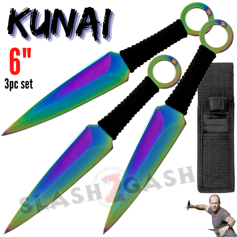 Naruto Kunai Throwing Knives 3 Pc Set w/ Ring Anime - 6" Rainbow Knife-Thrower - Tophatter Daily Deals