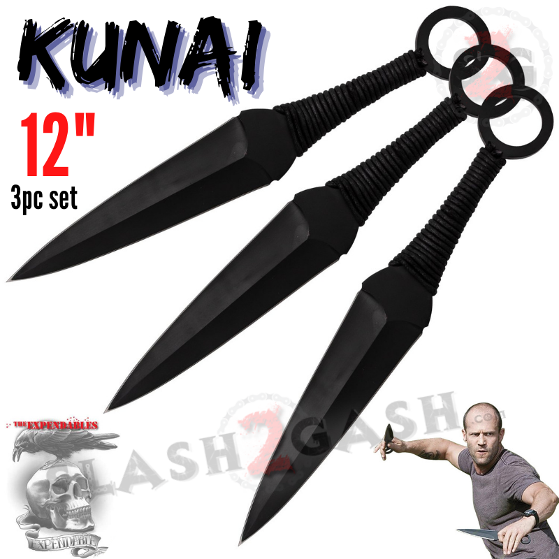 Kunai Throwing Knives w/ Ring and Sheath - Assorted Sizes/Colors 12" Black - 3 PC Set Knife-Thrower - Tophatter Daily Deals