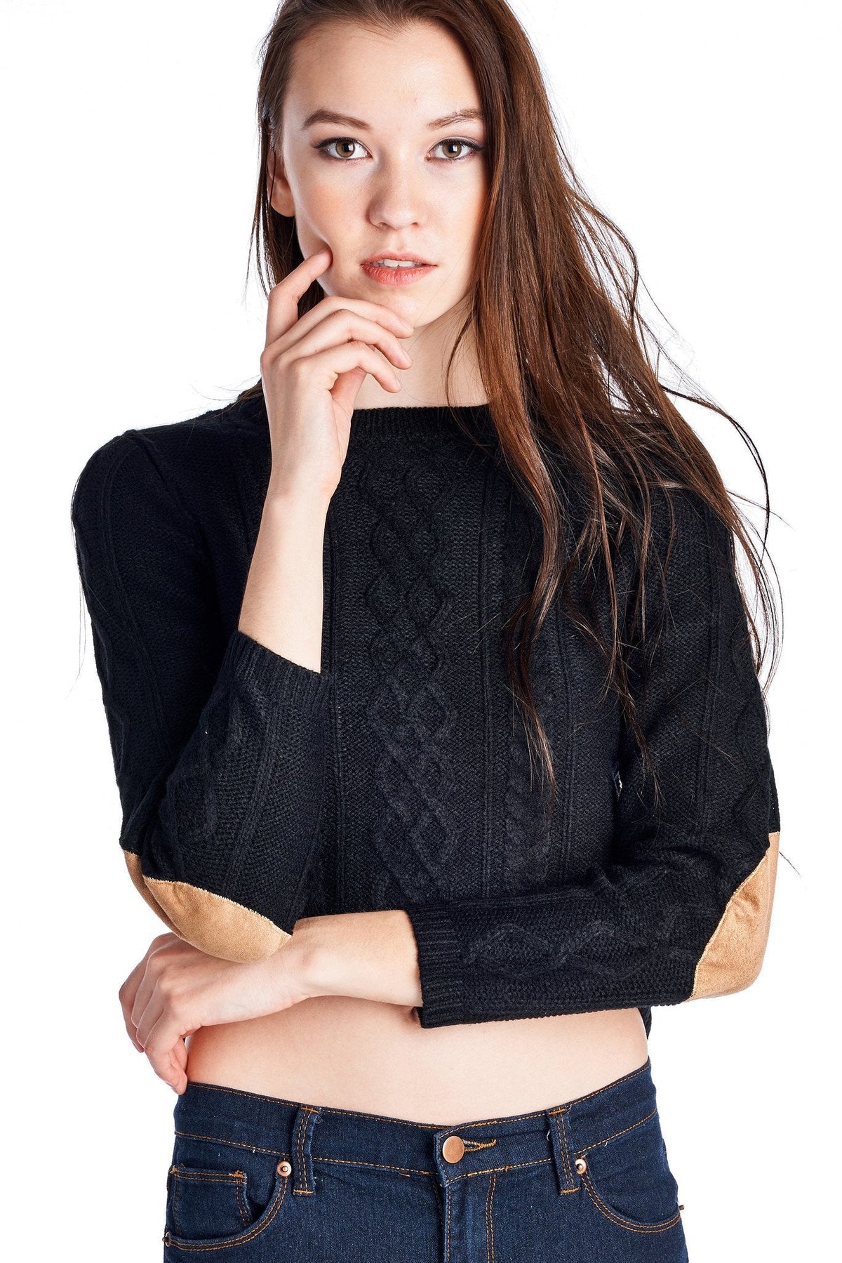 Women's Long Sleeve Cable Knit Crop Sweatshirt Black 81 Tops - Tophatter Daily Deals