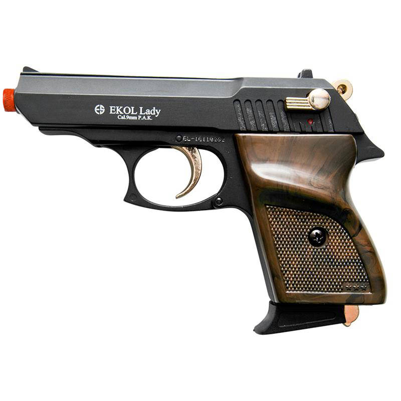 Semi Automatic Front Firing Blank Pistol Black Finish with Gold Fittings - Tophatter's Guns'N'Weapons Store Collectible Weapons - Tophatter Daily Deals