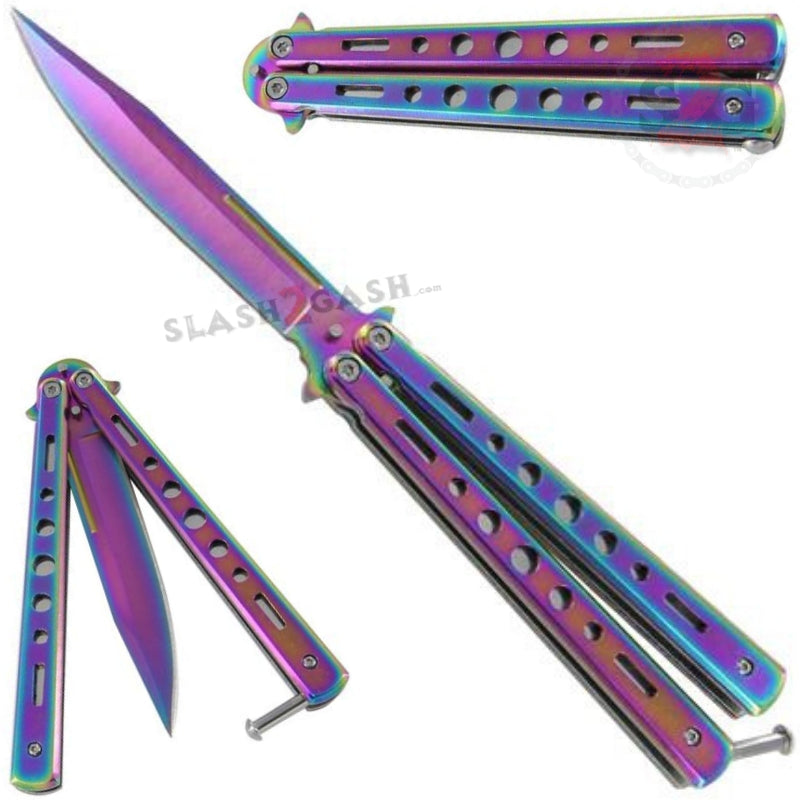 Hi-Tech Butterfly Knife Stainless Steel Cutout Balisong - Silver Serrated Rainbow - Plain Knife-Balisong - Tophatter Daily Deals