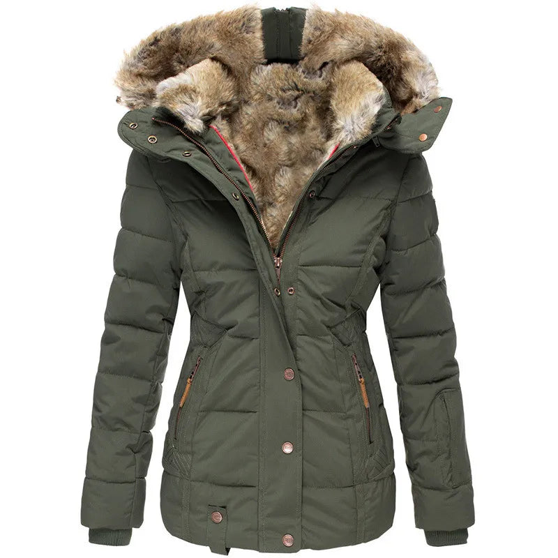 Warm Women’s Winter Coat - Quilted Midlength, Faux Fur Hood Green - Tophatter Daily Deals