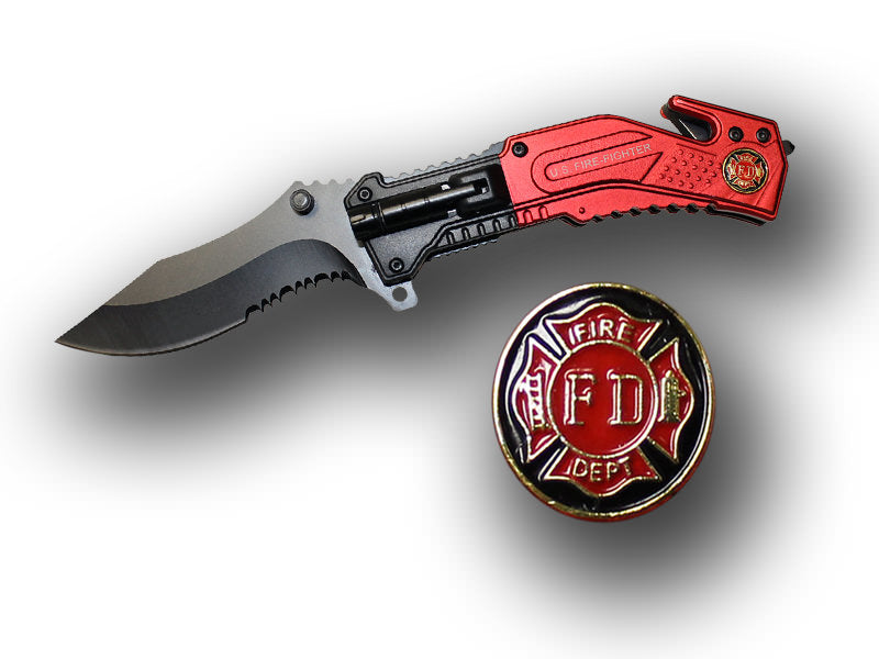 Fire Fighter Rescue Folder Spring Assist Knife With LED Light - TOPHATTER'S ARMORY DEALS Collectible Weapons - Tophatter Daily Deals