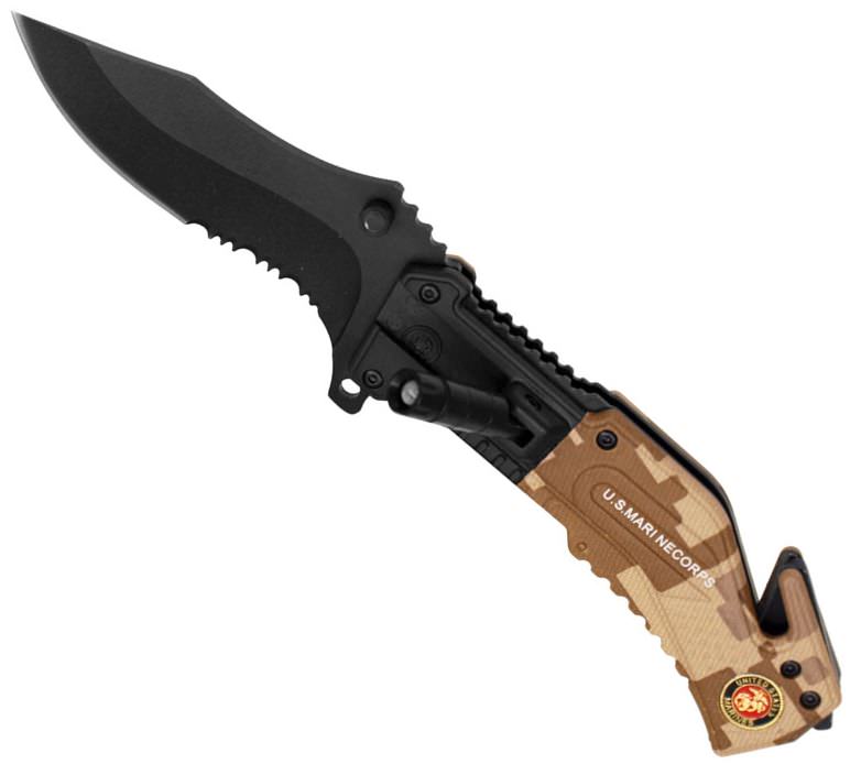 Marines Rescue Folder Spring Assist Knife With LED Light - TOPHATTER'S ARMORY DEALS Collectible Weapons - Tophatter Daily Deals