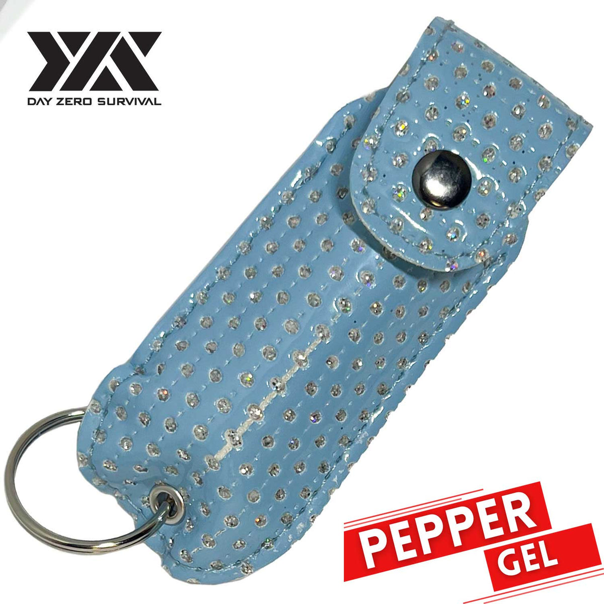 DZS Tactical Defense Pepper Gel - Light Blue Bling Keychain Leather Case - Tophatter's Guns'N'Weapons Store - FREE SHIPPING Collectible Weapons - Tophatter Daily Deals