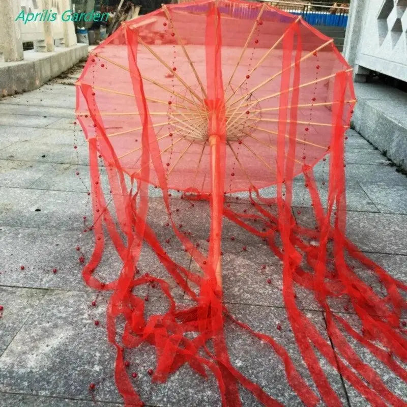 LED Chinese Japan Yarn Oiled Paper Silk Cloth Umbrella Costume Ancient Princess Umbrella Drama White Craft Umbrella Cosplay red beads - Tophatter Daily Deals