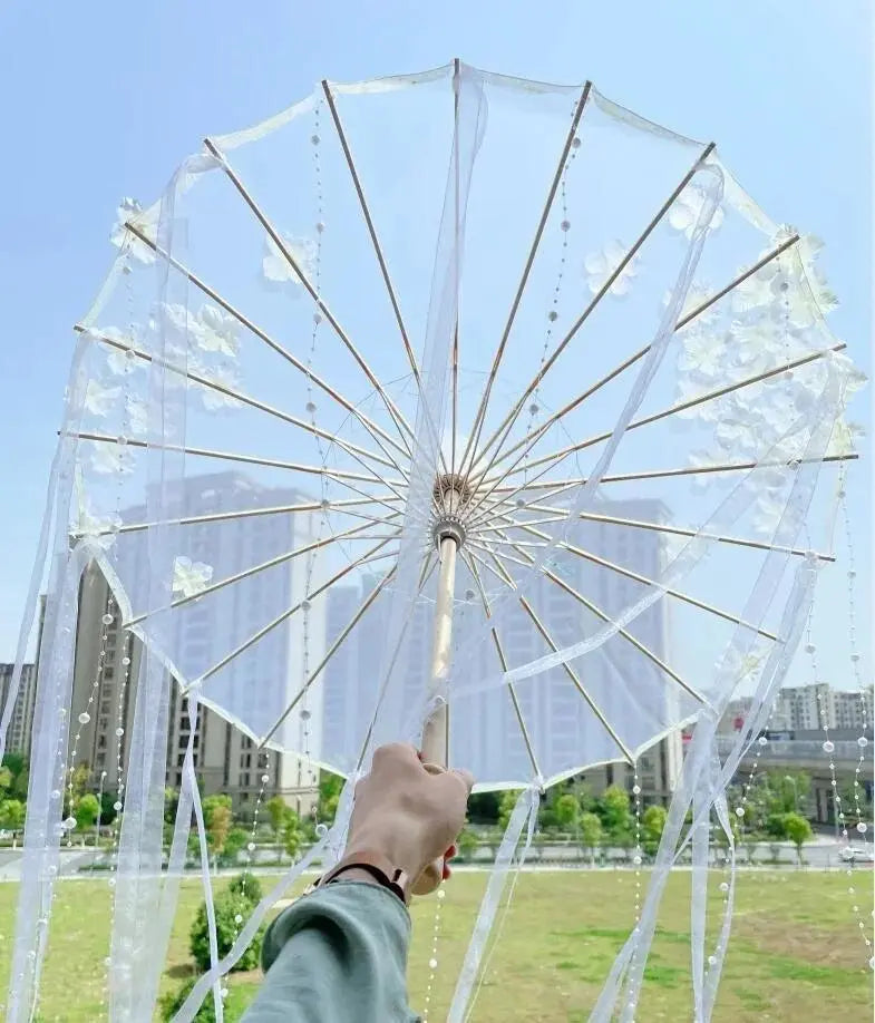 LED Chinese Japan Yarn Oiled Paper Silk Cloth Umbrella Costume Ancient Princess Umbrella Drama White Craft Umbrella Cosplay white flower - Tophatter Daily Deals