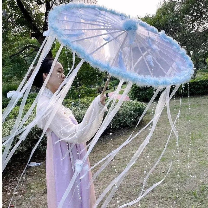 LED Chinese Japan Yarn Oiled Paper Silk Cloth Umbrella Costume Ancient Princess Umbrella Drama White Craft Umbrella Cosplay light blue - Tophatter Daily Deals