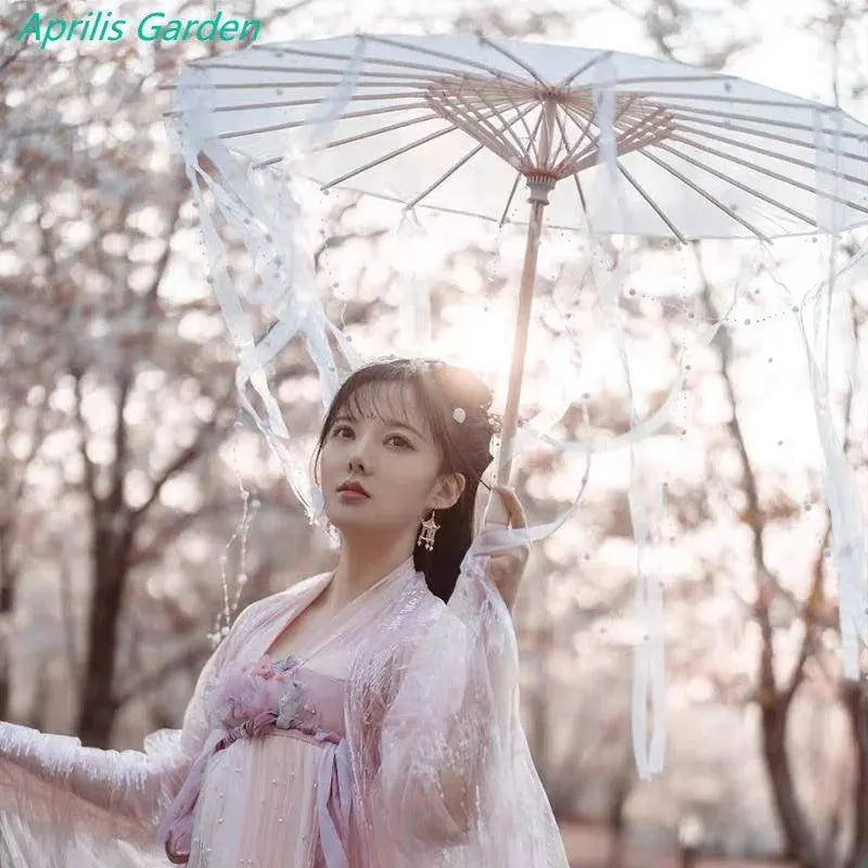 LED Chinese Japan Yarn Oiled Paper Silk Cloth Umbrella Costume Ancient Princess Umbrella Drama White Craft Umbrella Cosplay white with Pl - Tophatter Daily Deals