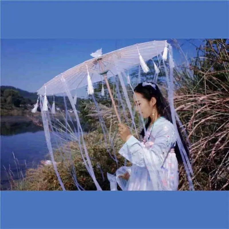 LED Chinese Japan Yarn Oiled Paper Silk Cloth Umbrella Costume Ancient Princess Umbrella Drama White Craft Umbrella Cosplay WHITE RT - Tophatter Daily Deals