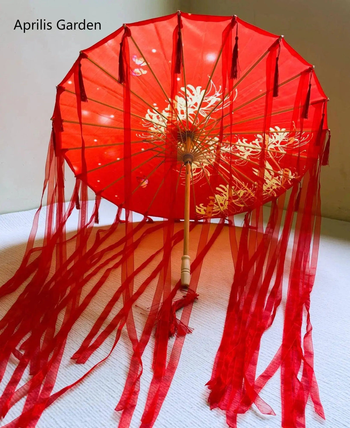 LED Chinese Japan Yarn Oiled Paper Silk Cloth Umbrella Costume Ancient Princess Umbrella Drama White Craft Umbrella Cosplay Red gold flowers - Tophatter Daily Deals