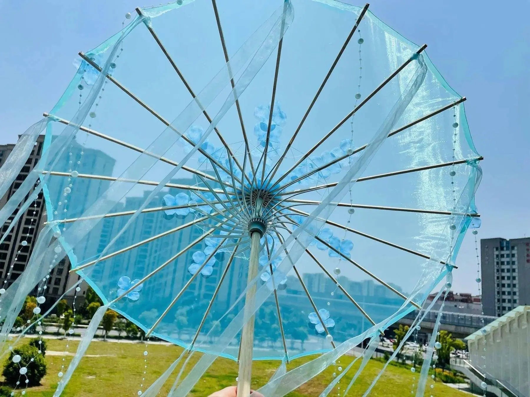 LED Chinese Japan Yarn Oiled Paper Silk Cloth Umbrella Costume Ancient Princess Umbrella Drama White Craft Umbrella Cosplay blue flower - Tophatter Daily Deals