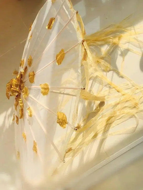 LED Chinese Japan Yarn Oiled Paper Silk Cloth Umbrella Costume Ancient Princess Umbrella Drama White Craft Umbrella Cosplay gold tassels - Tophatter Daily Deals
